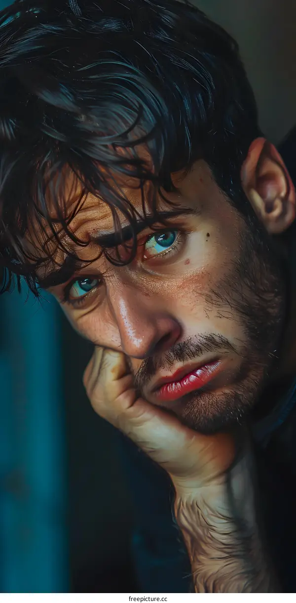 Close Up Portrait of a Man with Blue Eyes Looking Sad