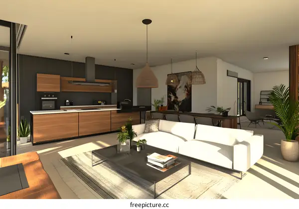 Modern Minimalist Kitchen and Living Room Interior Design with Wooden Elements and Natural Light