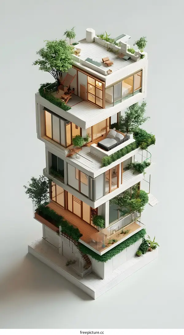 Stacked House With Green Roof And Balcony