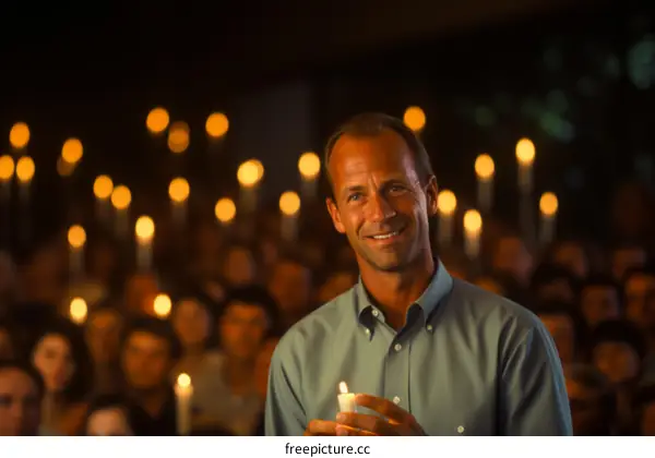 Smiling man holding a candle in a dark room full of people