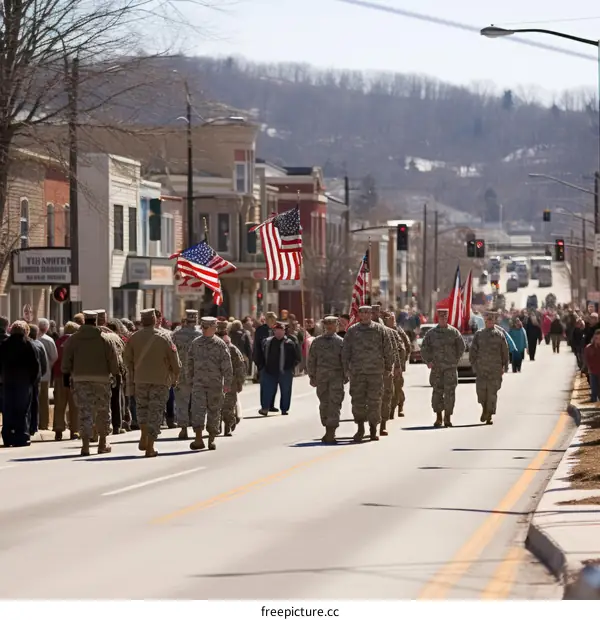 A group of soldiers marching down a street in a parade with American flags waving