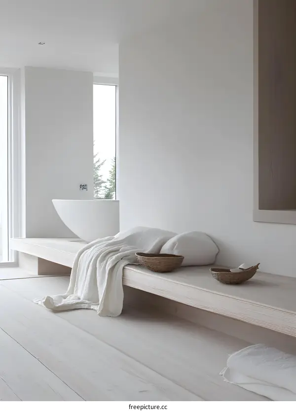 Minimalist Bathroom Design with White Tub and Wooden Bench