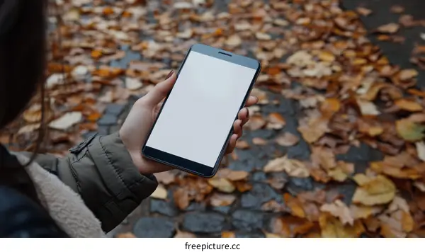 Woman Holding Tablet in Autumn Leaves