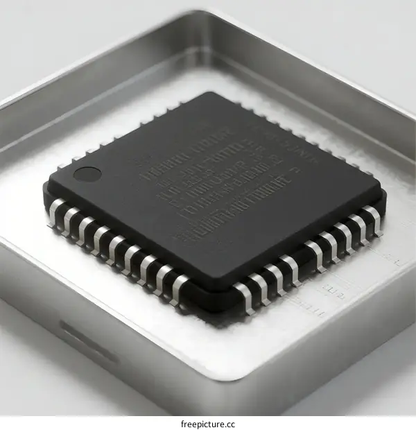 Close-up of a black integrated circuit chip in metal tray