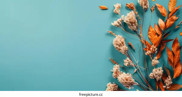 Autumn Leaves and Flowers on a Teal Background