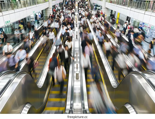 Blurred Motion Of People Walking On Escalator In Busy City