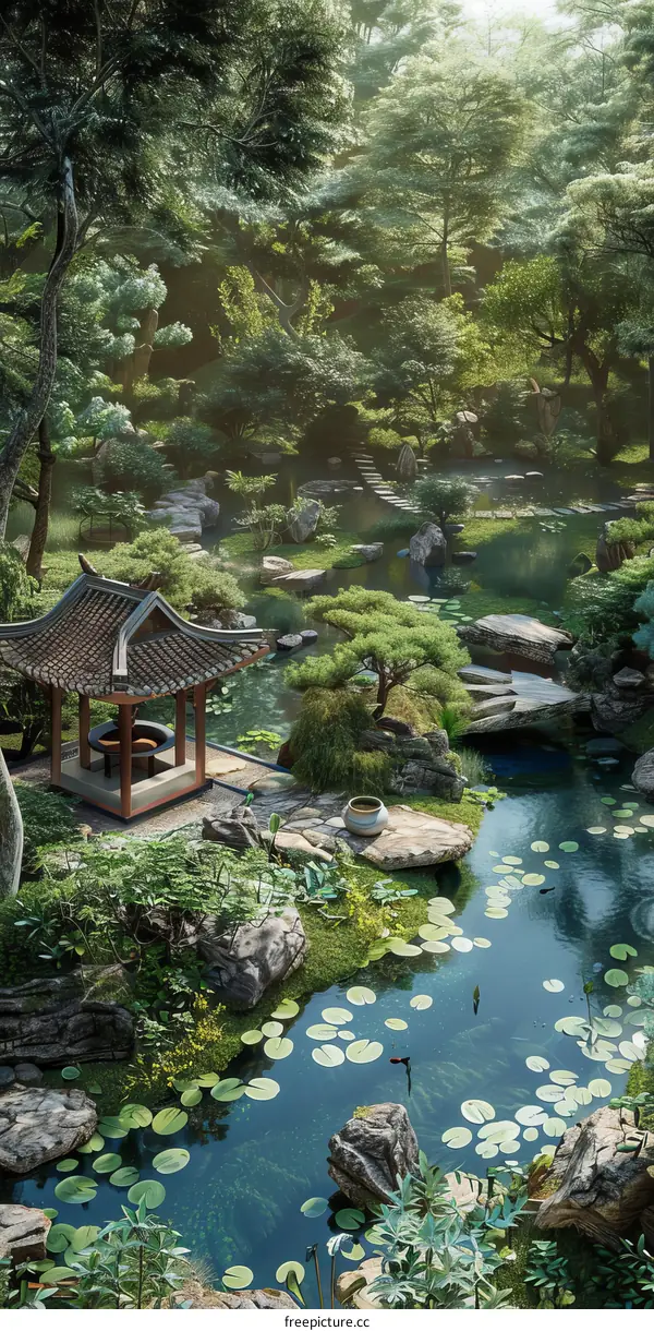 Japanese Zen Garden with Tea House and Stone Lanterns