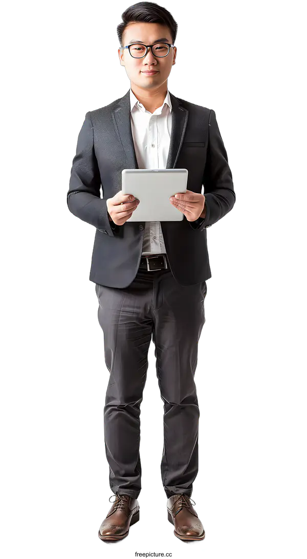 [Transparent Background PNG]Portrait of a Young Asian Businessman Holding a Tablet