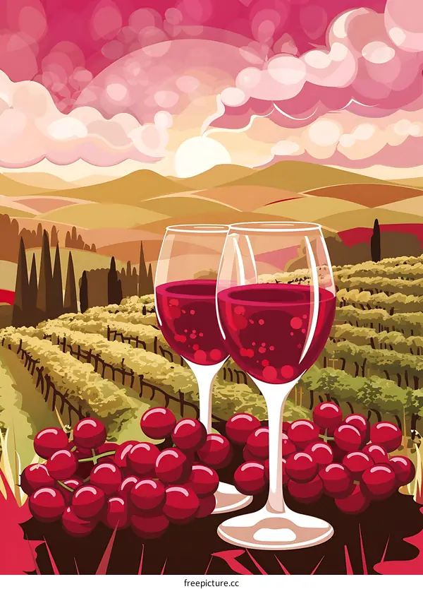 Two glasses of red wine on a vineyard background
