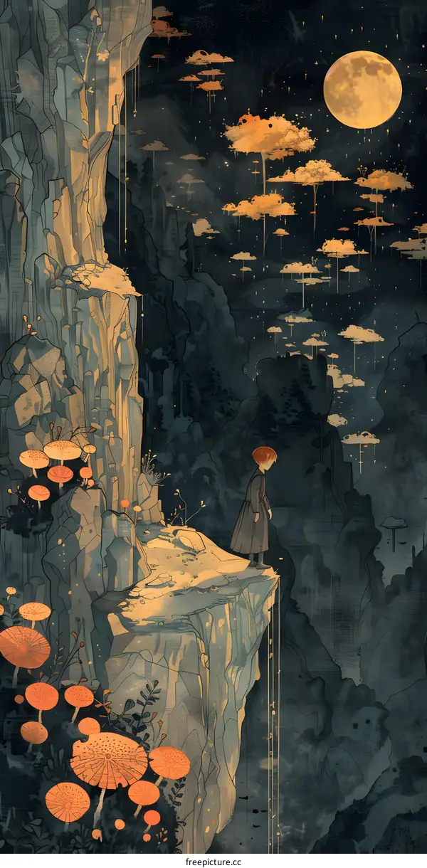 Fantasy Landscape with Girl Standing on Cliff Edge