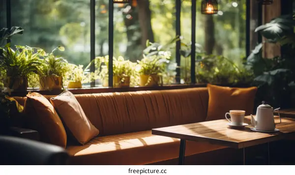 Sunlight pouring through a large glass window into a room with sofa and table