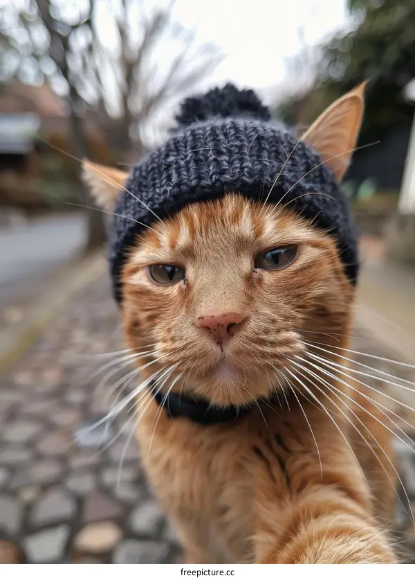 ginger cat wearing a black beanie