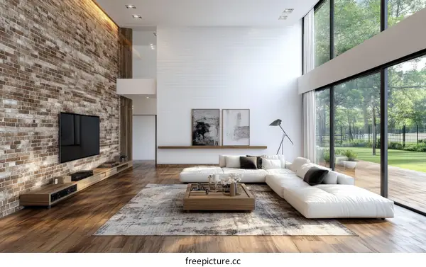 Modern Living Room with Brick Wall and Large Windows