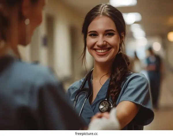 Two nurses talking in a hospital hallway