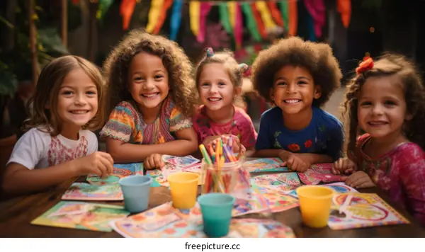 Five happy children sitting at a table and drawing