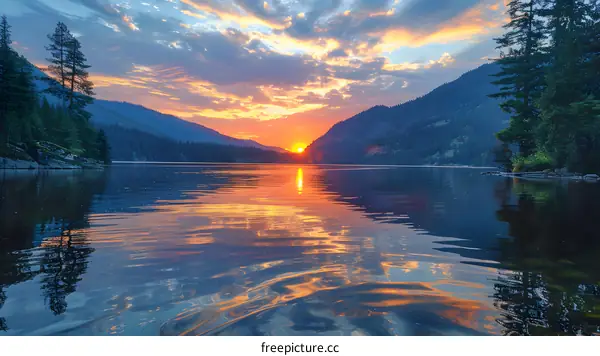 Sunset Over Mountain Lake with Reflections