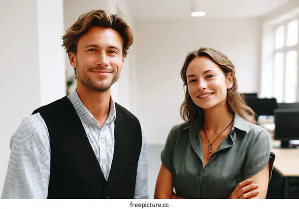 Two Caucasian Business Colleagues Smiling