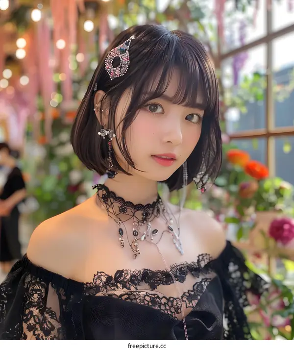 Japanese Woman with Short Black Hair and Black Lace Top Posing in Front of a Flower Garden