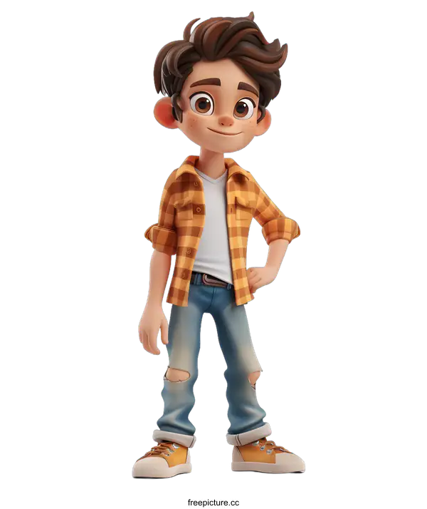 [Transparent Background PNG]A 3D rendering of a young boy with brown hair and brown eyes. He is wearing a plaid shirt, jeans, and sneakers. He has a happy expression on his face and is standing with one hand on his hip.