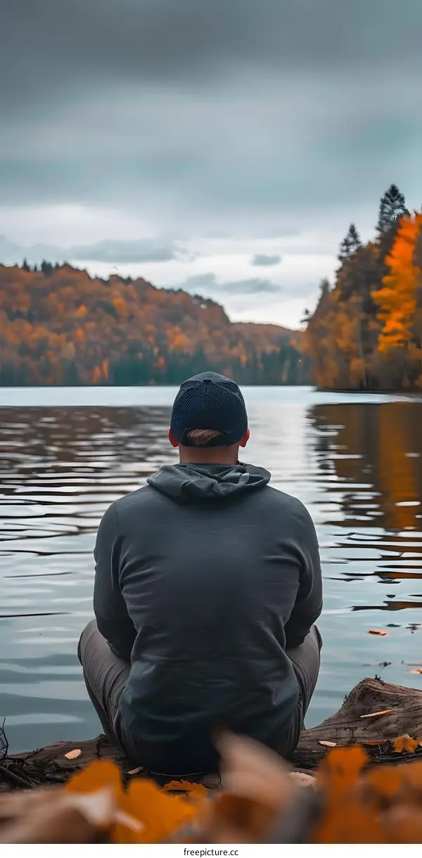 Man Sitting by the Lake in Autumn