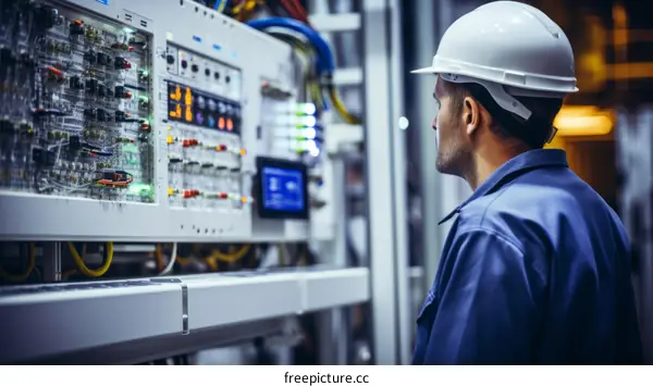 technician in hard hat inspecting electrical control panel
