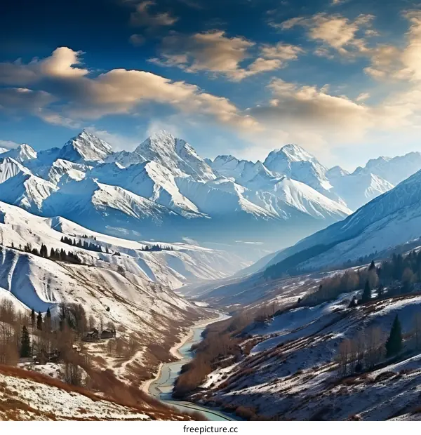 A beautiful winter landscape of snow capped mountains and a valley with a river running through it