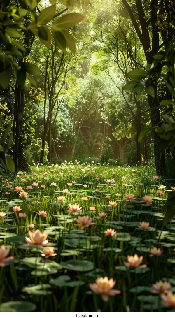 Mystical Forest Glade with Blooming Water Lilies