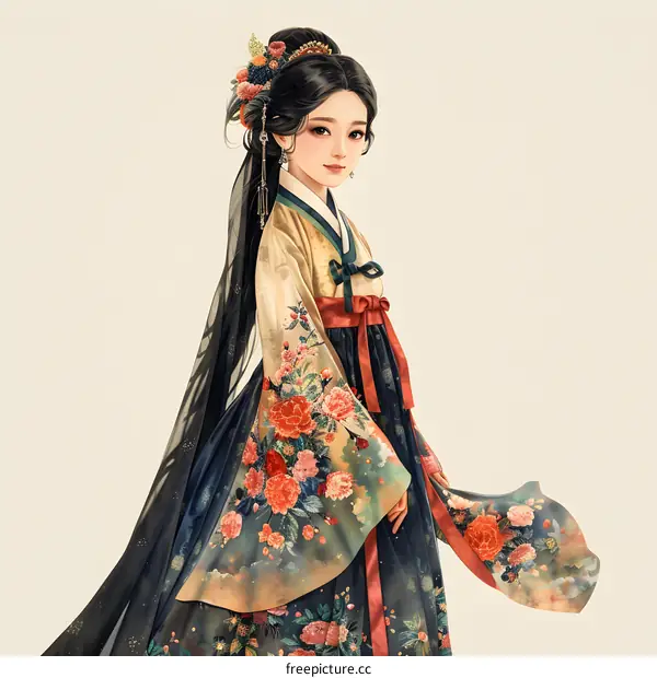 A beautiful illustration of a woman in a traditional Korean hanbok