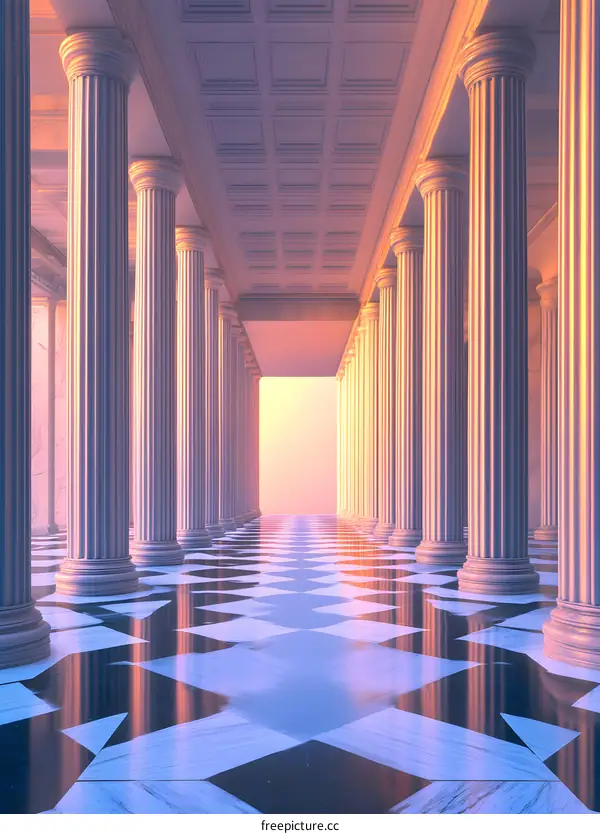 Classic Architecture Hallway With Pillars And Checkered Floor