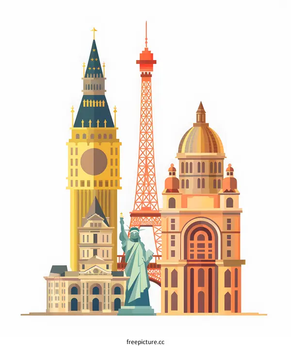 Famous Landmarks Illustration with Flat Design Style