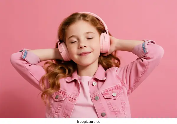 Little Girl with Pink Headphones Enjoying Music on Pink Background
