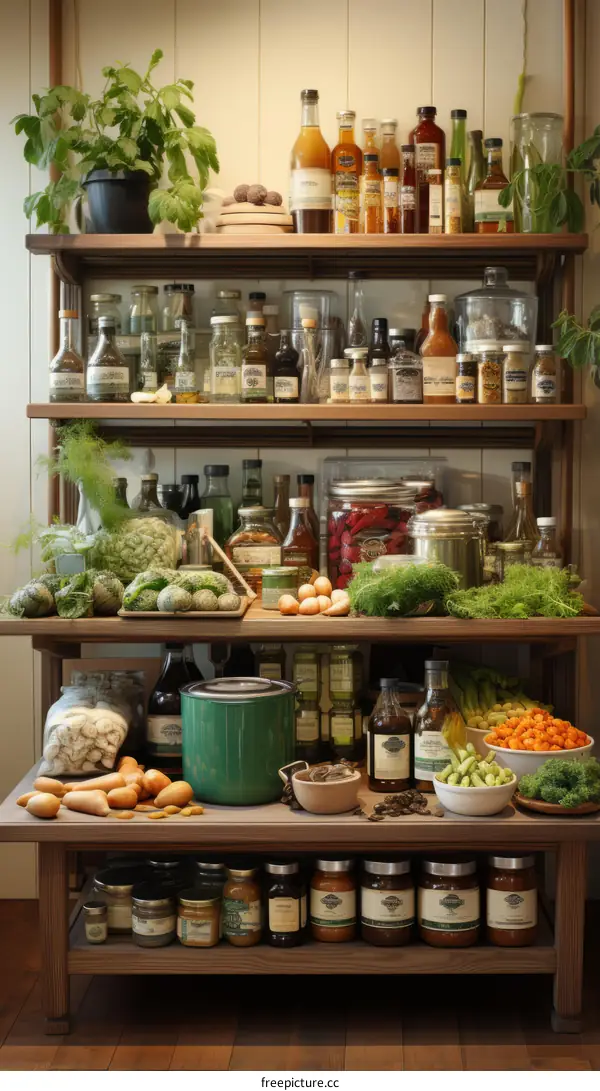 Organized Kitchen Shelves Filled with Spices and Ingredients