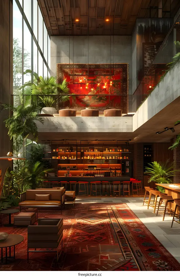 Modern interior design living room with red carpet and indoor plants