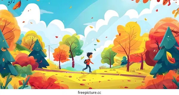 Autumn Foliage Landscape with Boy Walking