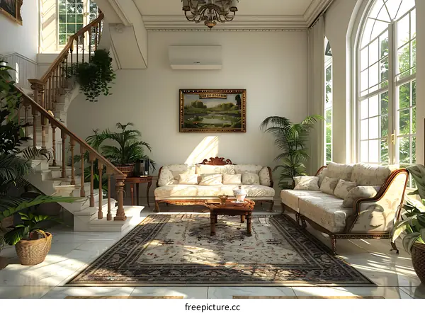 Staircase and living room in a luxury house