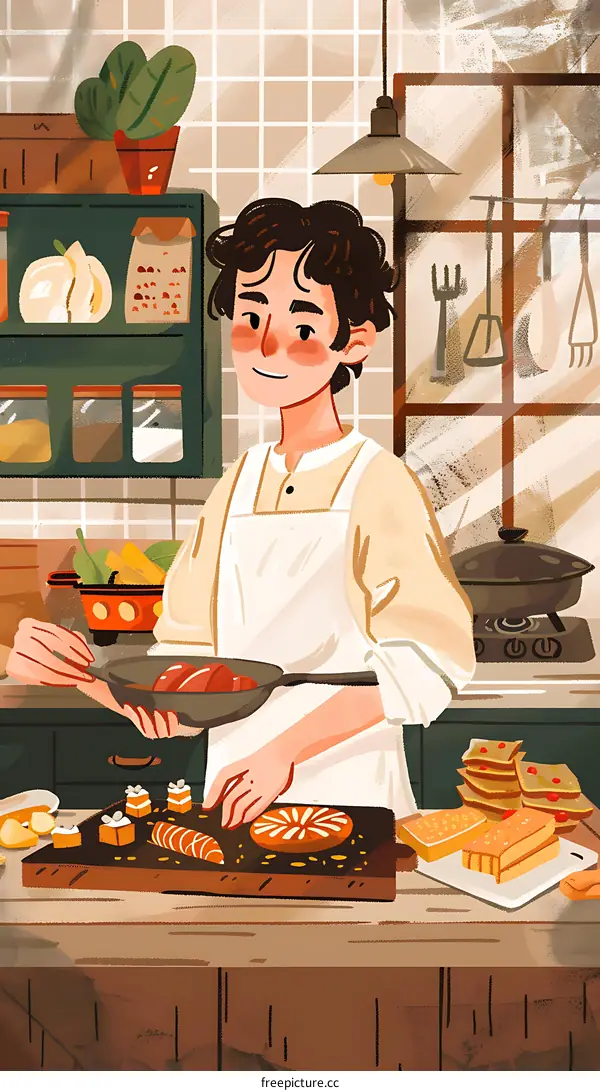 Man Cooking Delicious Food in Kitchen Illustration