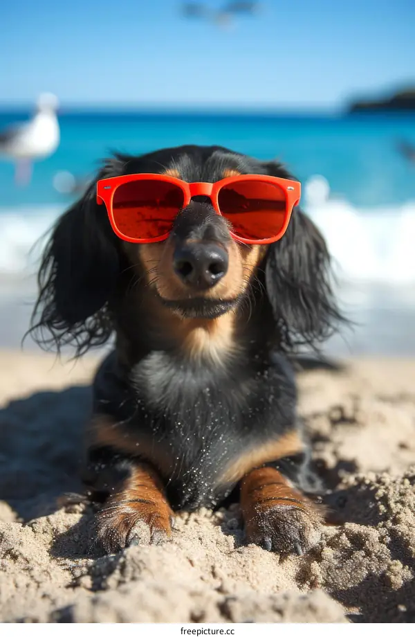 A cute dachshund wearing red sunglasses is lying on the beach