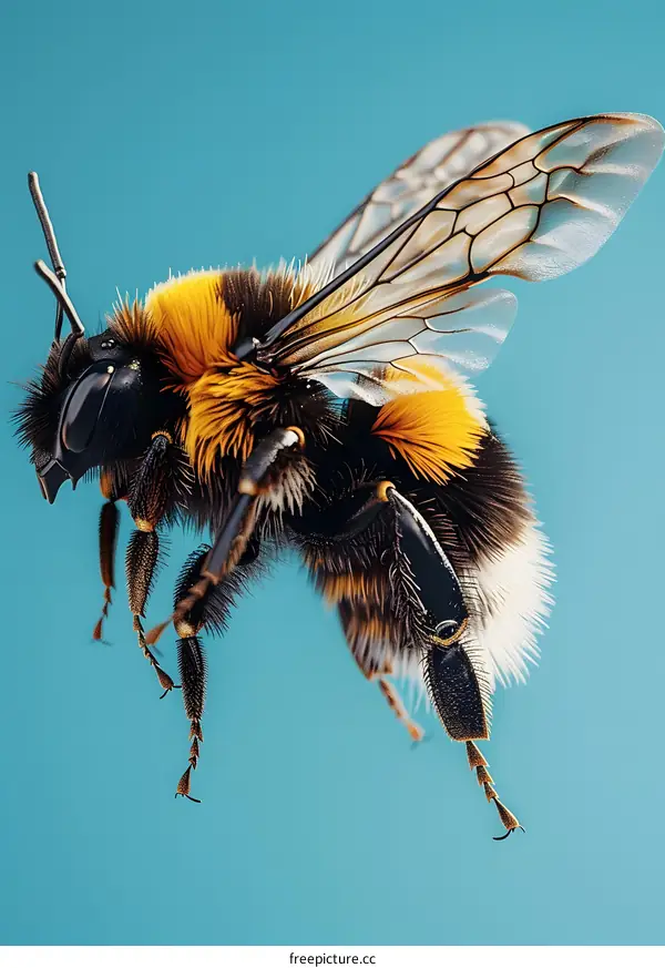 Bumblebee in Flight on Blue