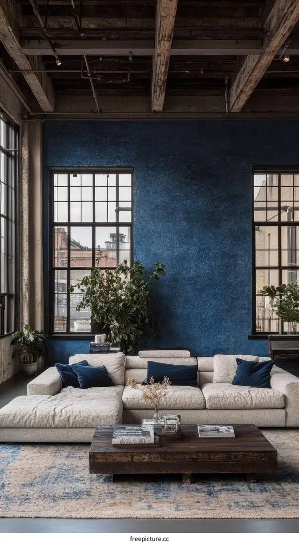 Modern Industrial Loft Living Room with Blue Accent Wall