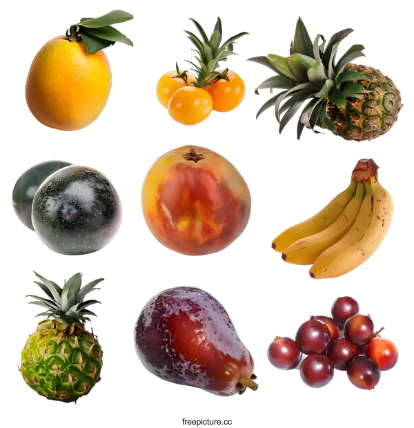 [Transparent Background PNG]Variety of Fresh Tropical Fruits Isolated on White Background