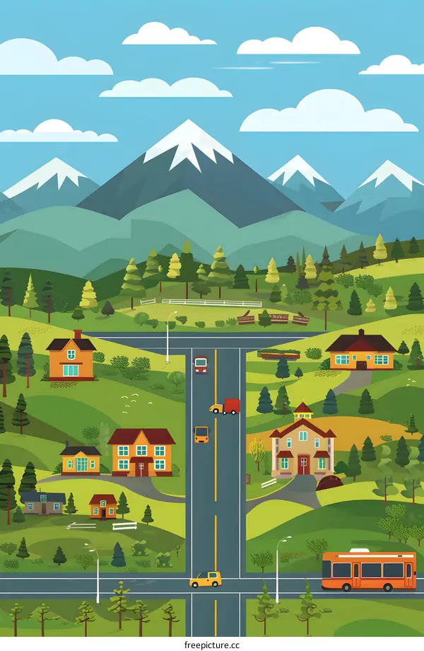Cartoon Illustration of a Small Town with Houses and Mountains in the Background