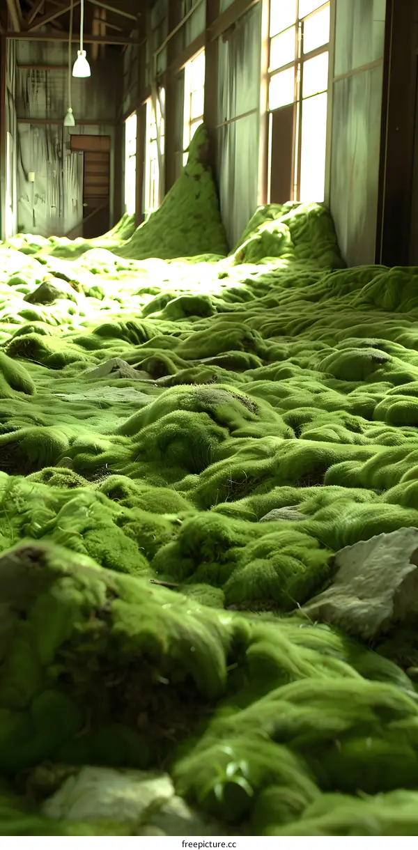 Green Moss Covering the Floor of an Abandoned Building