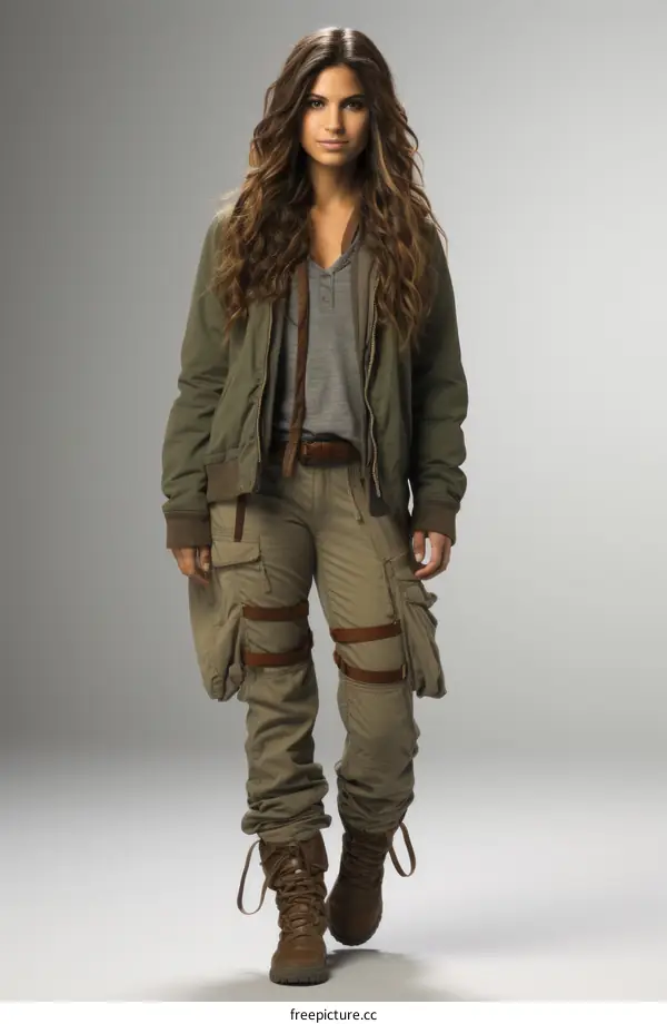A young woman with long brown hair wearing a green jacket and brown boots.