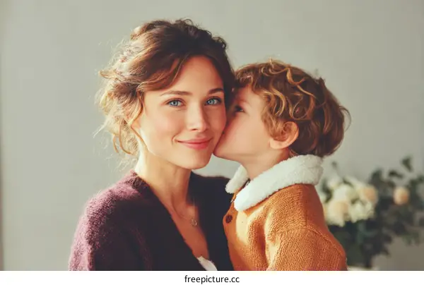 Mother and Son Kissing Affectionately