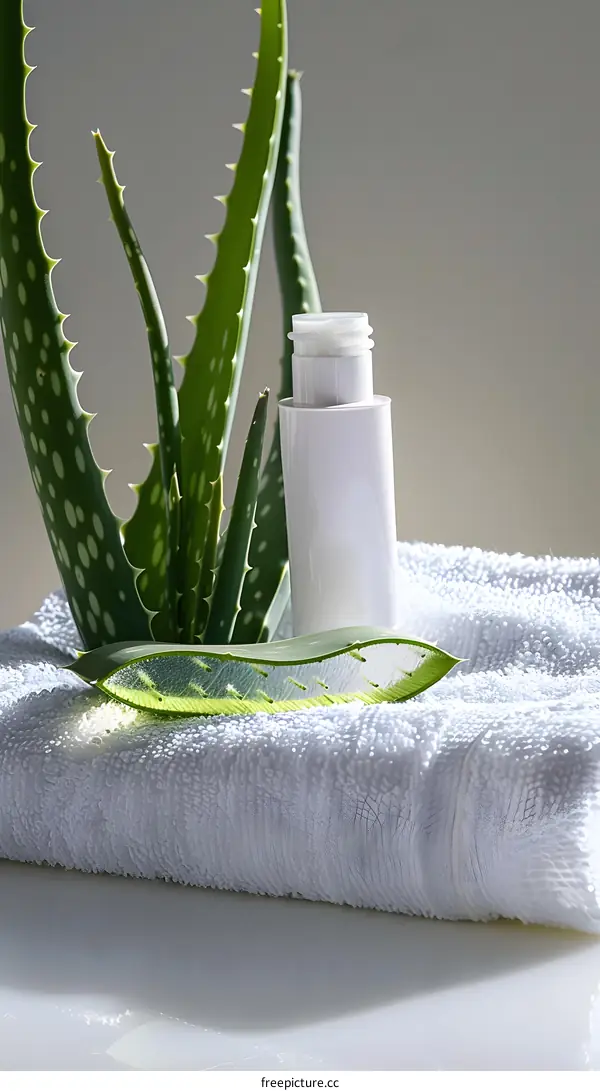 Aloe Vera Plant and Bottle of Lotion on White Towel