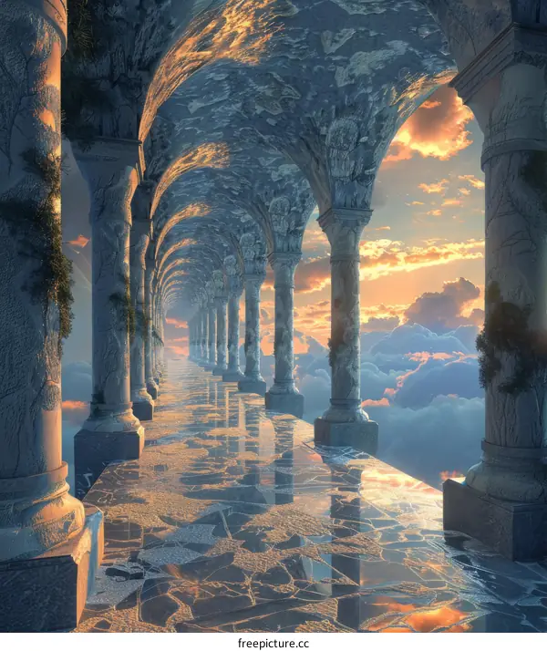 Surreal Skywalk with Marble Columns and Reflective Floor
