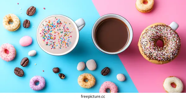 Colorful Donuts and Coffee on Blue and Pink Background