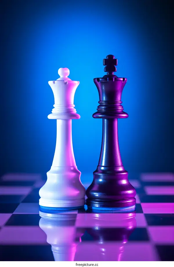Black and white chess pieces on a chessboard under blue and purple lights