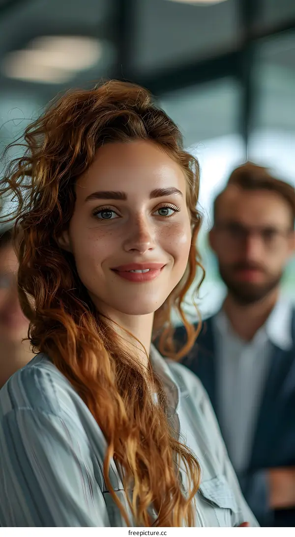 portrait of a young woman with curly red hair smiling at the camera