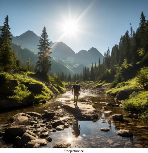Man hiking in a mountain stream